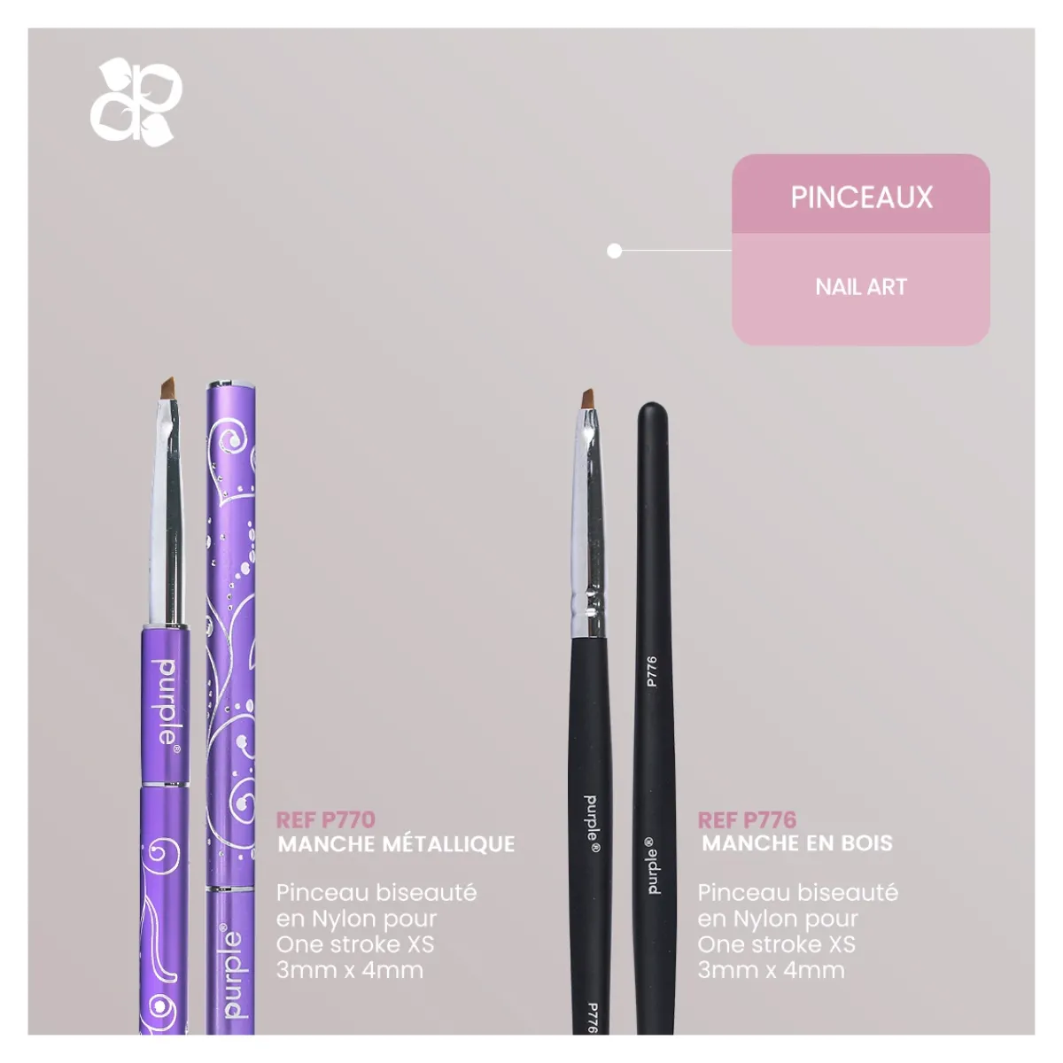 PINCEAU NAIL ART en Nylon ONE STROKE XS : 3 x 4mm - Manche Métallique | Purple Professional Online