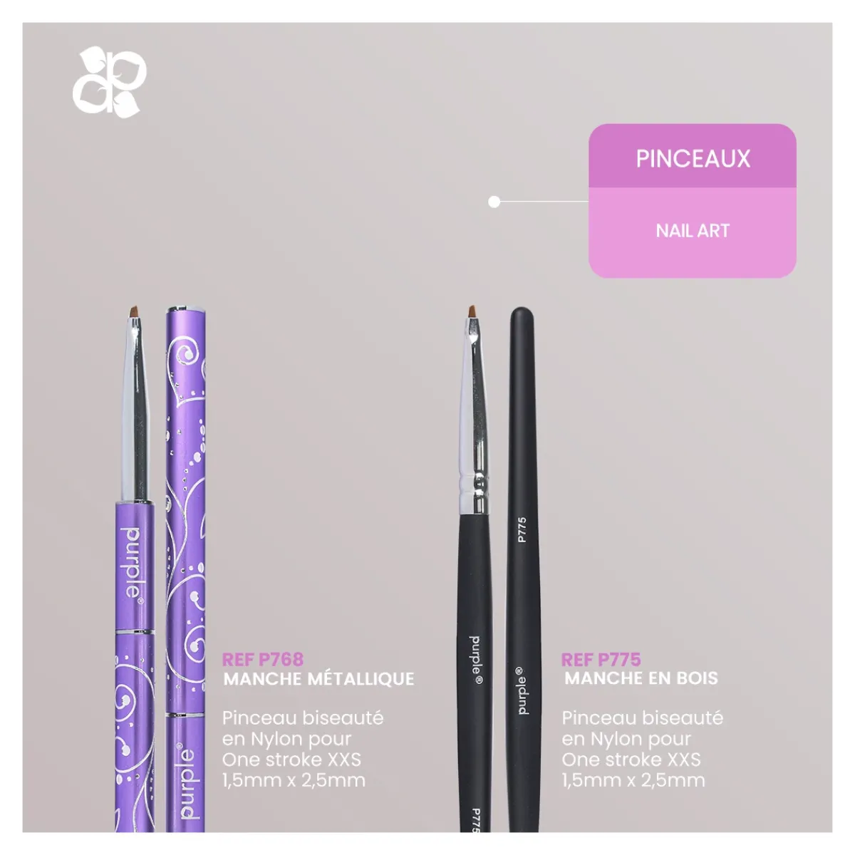 PINCEAU NAIL ART en Nylon ONE STROKE XXS : 1,5 x 2,5mm - Manche en bois | Purple Professional New