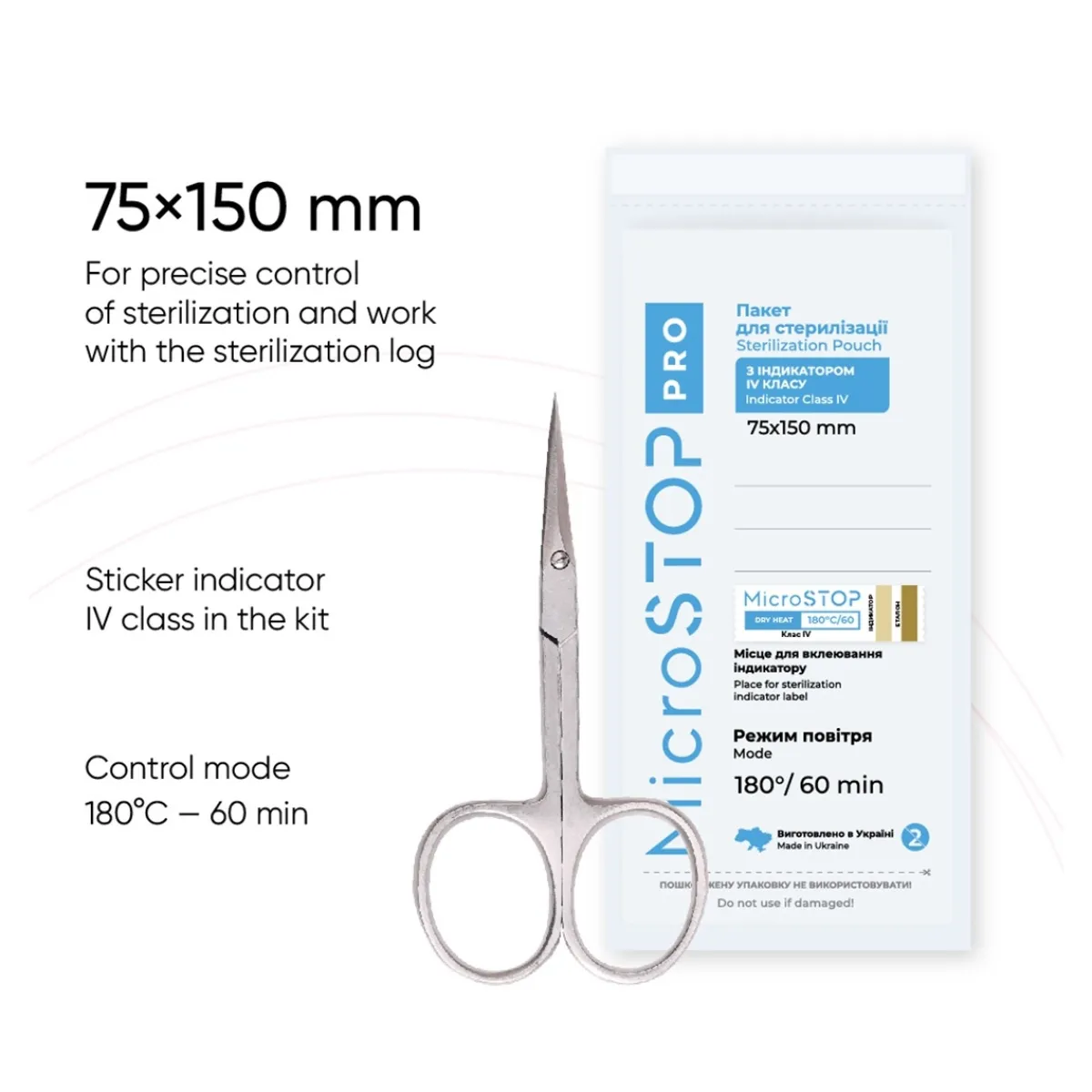 Sachets de stérilisation 75 x 150 mm - Dry (100 pcs) + Indicateurs classe 4 (160 pcs) | MICROSTOP Hot